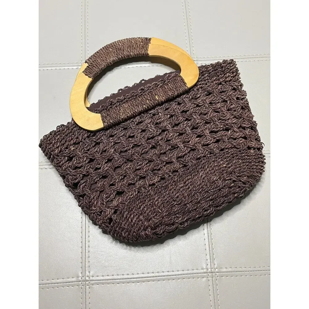 White Stag Brown Macrame Bag with Wooden D Handles